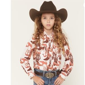 Girls  Wrangler Cowgirl Boot and Hat Print Button Snap Shirt